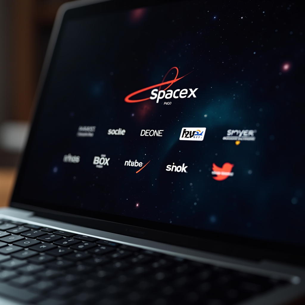 A laptop screen displaying the SpaceX logo and other brand logos against a starry background.