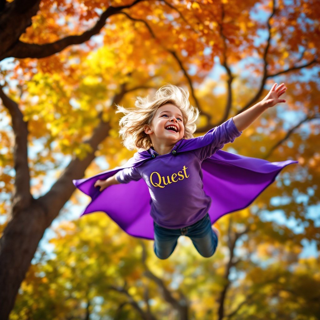 A joyful 4-year-old child soars through majestic trees wearing a vibrant purple cape. The child's shirt has the word 'Quest' elegantly embroidered. Majestic trees have colorful foliage in shades of red orange yellow and green. The vibrant canopy dances in the breeze. The sunlight casts playful shadows through the leaves. The child giggles with delight.