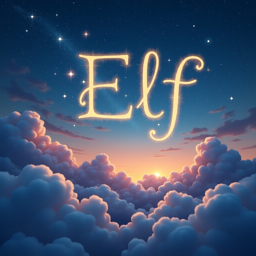 The image features the word 'Elf' elegantly written in sparkling letters high in the sky. Surrounding the text are fluffy clouds bathed in warm orange light, creating a magical atmosphere. The background showcases a soft blue and purple gradient as the sun begins to rise. This enchanting scene evokes feelings of wonder and joy. It captures the essence of holiday magic and fantasy, making it perfect for various creative uses.