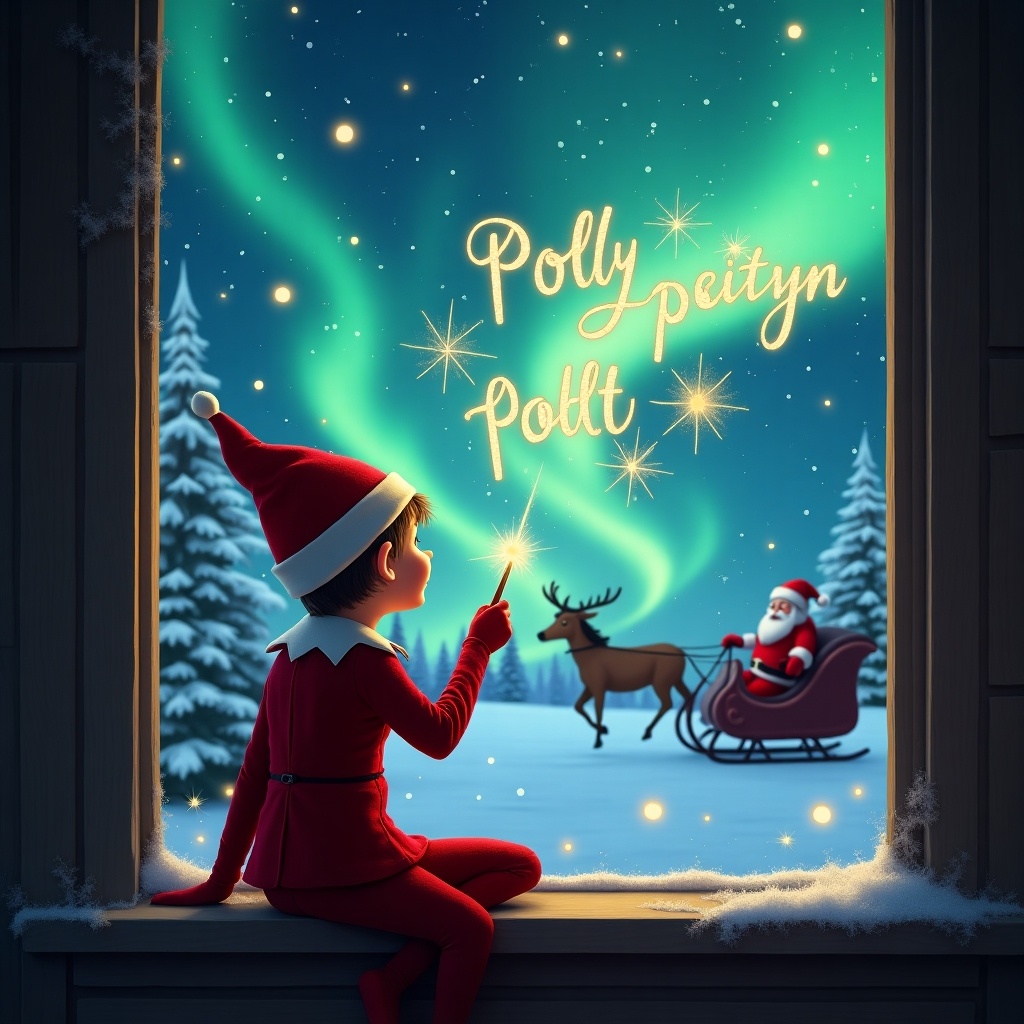 The image features an elf sitting on a window ledge with his back to the viewer. He gazes in awe at the colorful northern lights that illuminate the night sky. The background is adorned with sparkling stars and a winter landscape, creating a magical ambiance. Santa Claus, seen in his sleigh, adds to the festive spirit. The elf is dressed in a classic red outfit with a pointed hat, emphasizing the holiday theme. Using a wand, the elf writes the names 'Polly and Paityn' in shimmering letters, enhancing the enchanting atmosphere.