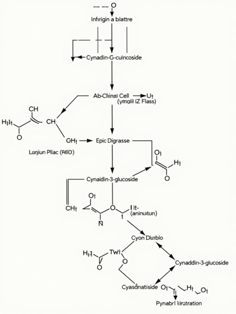 Schematic representation of biochemical pathways involving cyanidin-3-glucoside. Illustrate effects on cells and metabolic processes. Show interactions and transformations clearly.