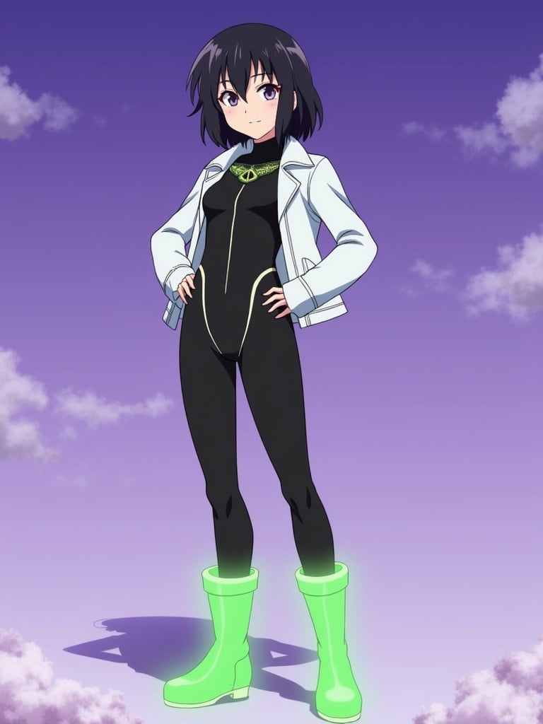 Anime girl wears a full-body black bodysuit. She has a white jacket and glowing green boots. The background features a purple sky. The girl has black hair and stands confidently.