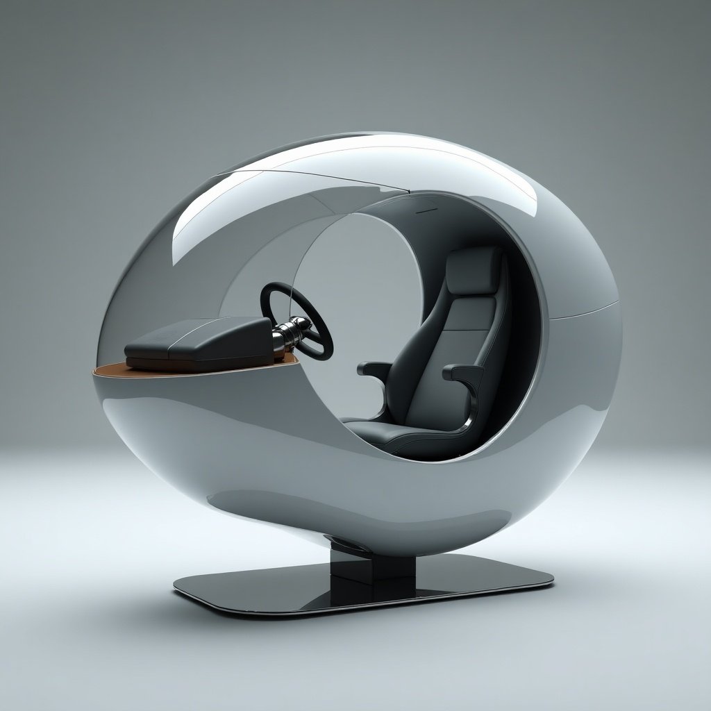 Futuristic single-seat vehicle design. Enclosed in transparent spherical shell on minimalist chrome stand. Dark gray upholstered seat and sleek steering wheel. Body in pearl gray, smooth and polished. Dramatic lighting enhances curves and transparency. Clean, modern style evoking elegance and technological advancement. Three-quarter side view showcases form and details. Sci-fi concept art and product design rendering.