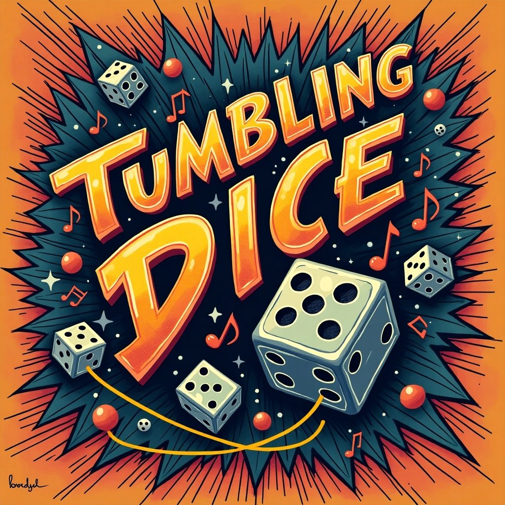 Band poster featuring the phrase 'Tumbling Dice' with illustrated dice and musical notes. The design has bright colors and dynamic elements.