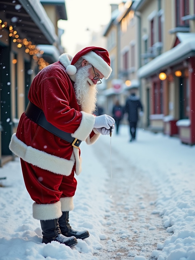 Santa Claus writes names in the snow. He wears traditional red and white attire. Street covered in snow features charming buildings. Scene is illuminated by soft winter light. Conveys a cheerful holiday atmosphere.