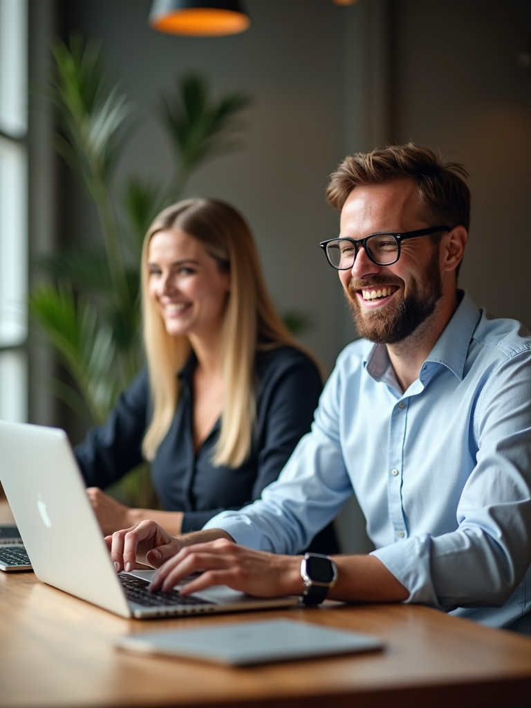 Two people sitting at a table working on laptops and smiling.