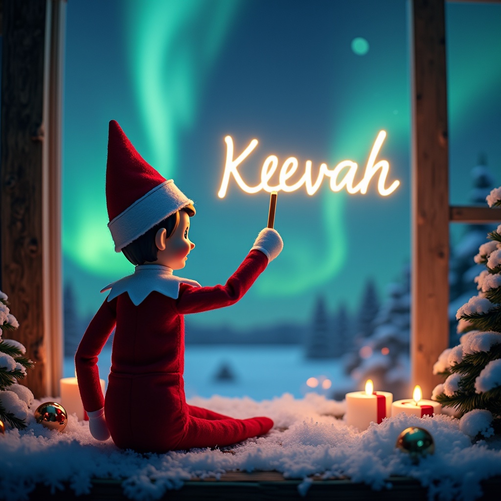 An enchanting Christmas scene showcases an elf on the shelf, styled in a classic red and white outfit. The elf sits facing the vibrant northern lights, writing 'Keevah' in glowing script with a magic wand. The backdrop features snow-covered trees and softly glowing candles that enhance the magical atmosphere. The entire scene conveys a sense of joy and whimsy, perfect for capturing the spirit of the holiday season. Viewers feel a sense of wonder as they witness this festive moment.