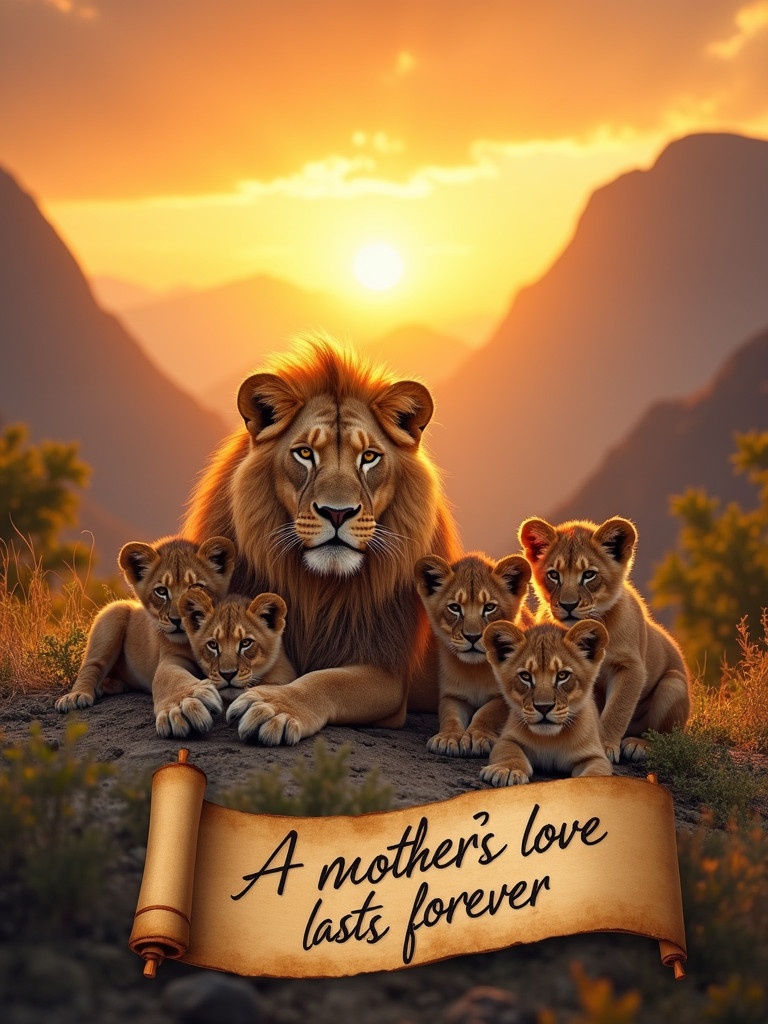 Beautiful sunset with lioness resting. Five adorable cubs are nestled around her. Awe-inspiring mountains in background. Golden sun washes over landscape. Scroll displays A MOTHER'S LOVE LASTS FOREVER. Image evokes love and unity.