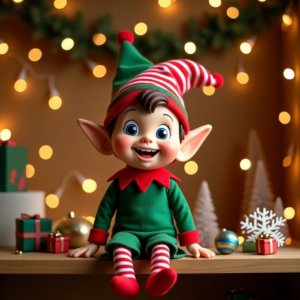 Cheerful elf figurine in festive attire. Warm Christmas setting with soft lights and holiday decorations. Vibrant colors and playful elements evoke holiday cheer.