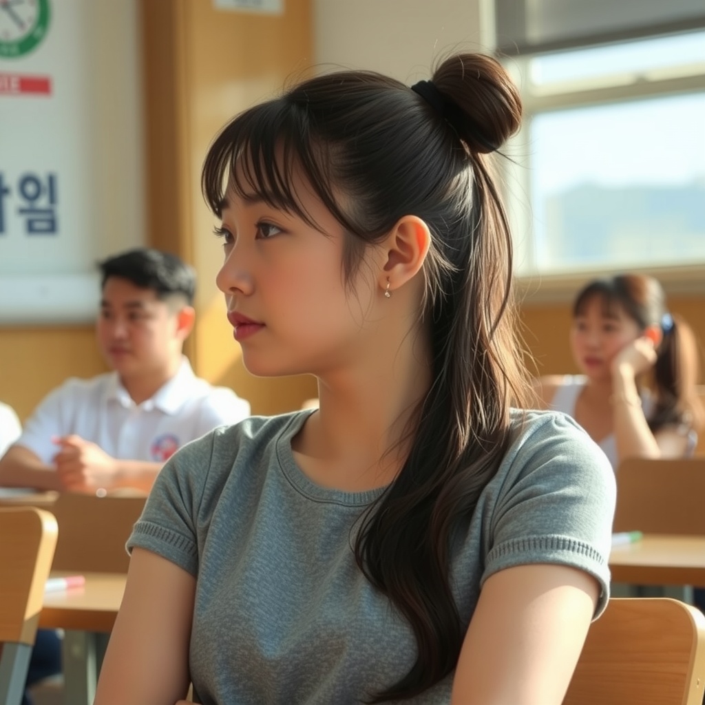 A young woman in a grey t-shirt attentively listening in a classroom setting, surrounded by peers.