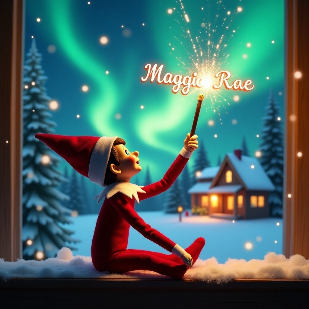 An elf on the shelf sits with its back to the viewer, gazing skyward. It holds a glowing wand that emits sparkling light. The background showcases a charming Christmas scene with colorful northern lights swirling above. In the distance, a cozy house can be seen, decorated for the holidays. Snow covers the ground, adding to the winter atmosphere. The elf is in a playful position, embodying the spirit of magic and wonder associated with Christmas. The name 'Maggie Rae' is written in the air using the wand.