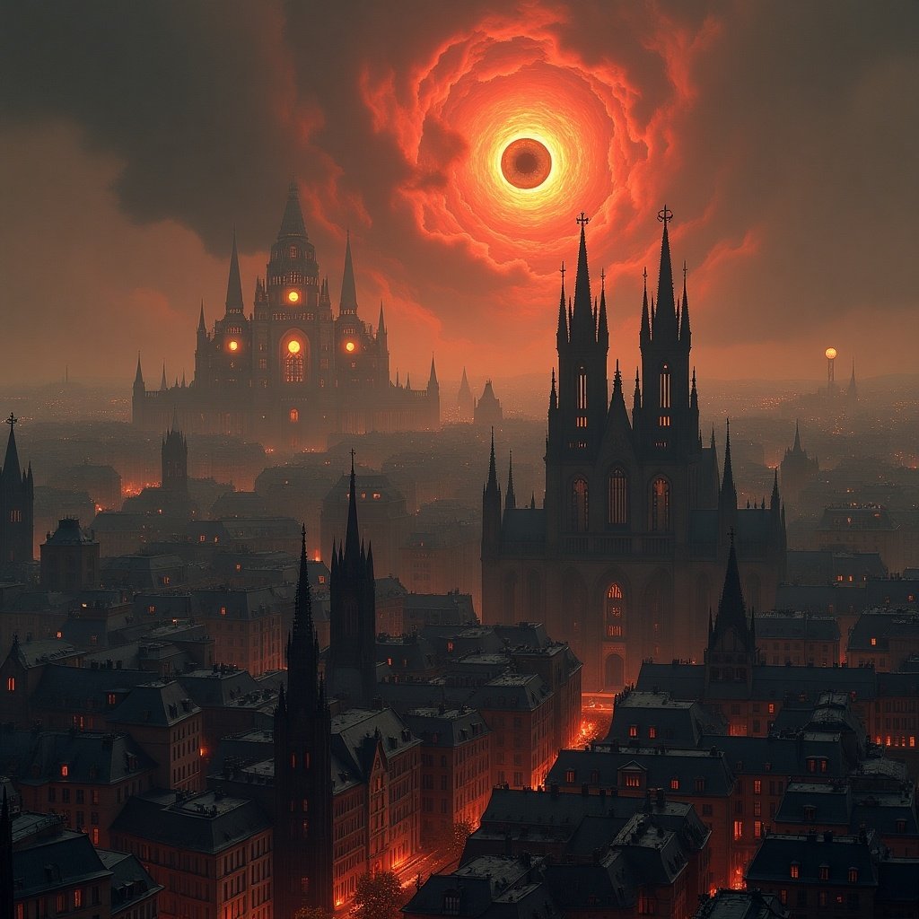 Cityscape resembling Brussels designed to evoke Mordor. Features important Brussels landmarks and a massive fiery eye.