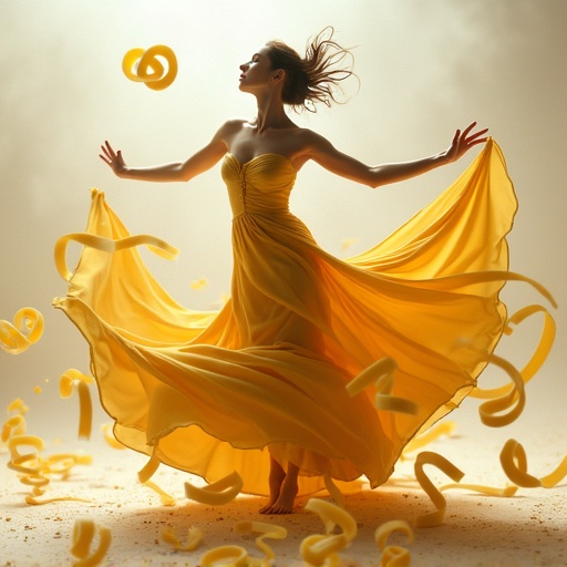 A woman dances gracefully in a flowing yellow dress. Pasta noodles swirl around her, creating a dynamic and artistic scene. The lighting is soft and warm, highlighting the motion and elegance of the moment.