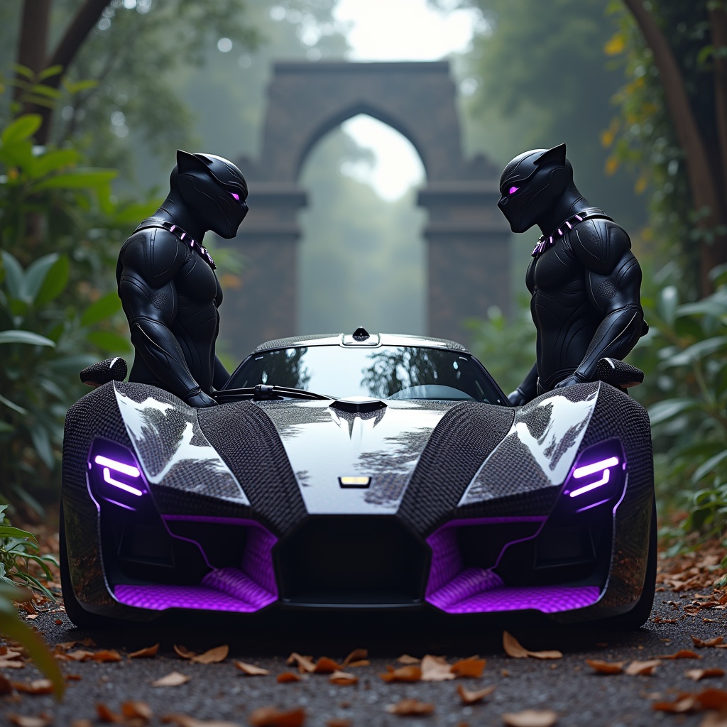 The scene depicts a stunning luxury car modeled after a jaguar, featuring sleek vibranium armor and striking purple lights. This high-tech vehicle stands in opposition to Black Panther, who is using his advanced technology to hack into the car's system. The setting is the lush jungles of Wakanda, infused with elements of ancient ruins and cutting-edge technology, creating a captivating backdrop for their encounter. Black Panther's imposing figure complements the car's aggressive design. The atmosphere is charged with tension and anticipation as the two powerful forces face off.