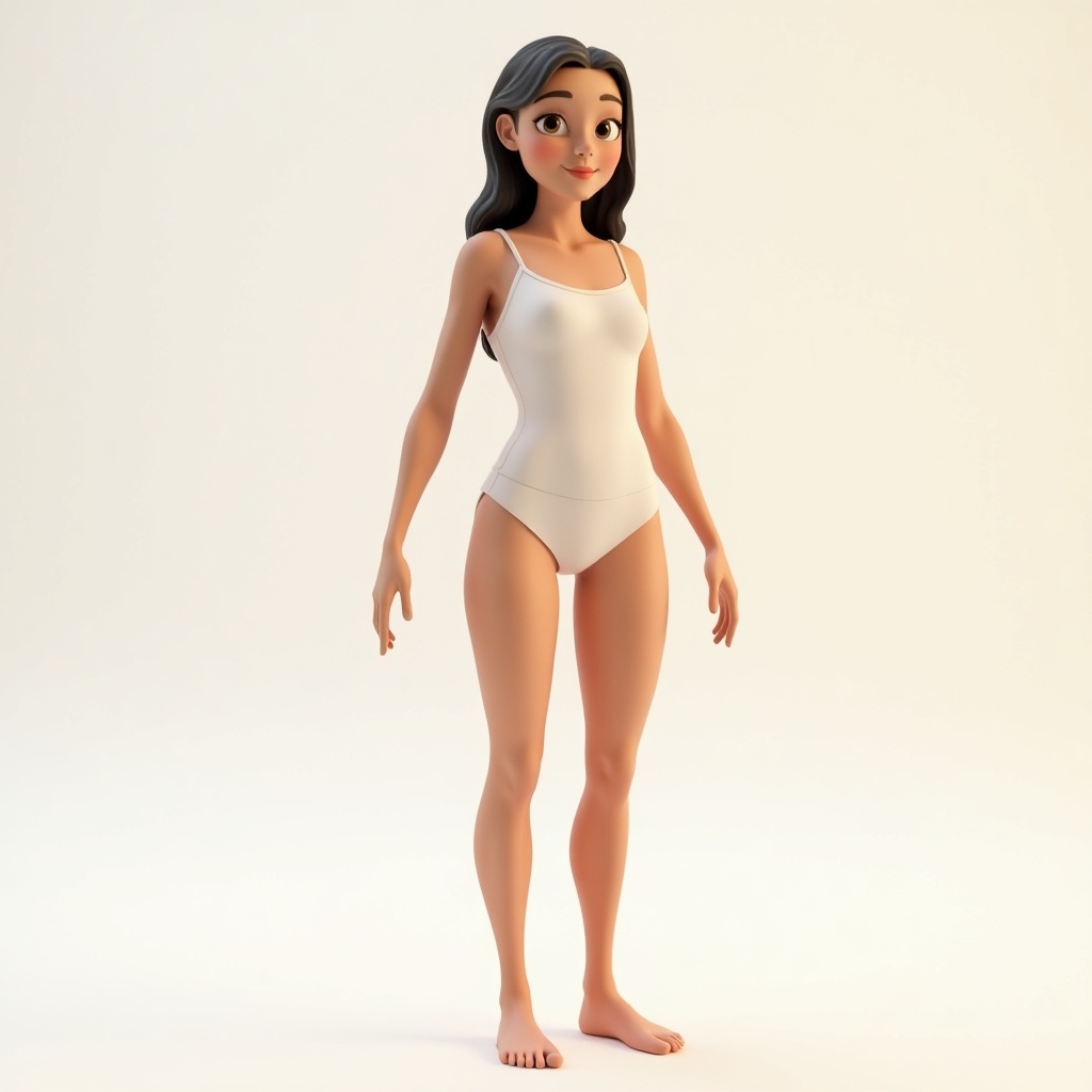 Stylized 3D model of a teenage female figure in neutral pose. Showcases delicate physique. Rendered in full color as Disney Pixar animation. Minimalist background highlights the figure. Suitable for animations and video games.