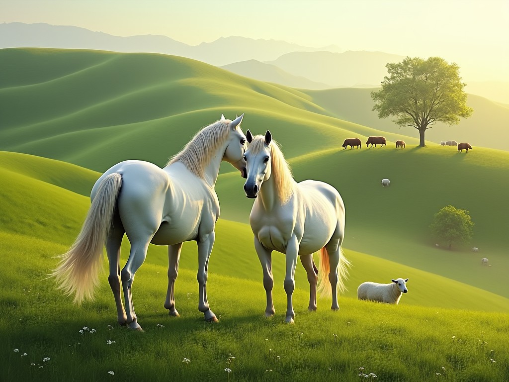 This image portrays a beautiful pastoral scene with lush green rolling hills. In the foreground, two elegant white horses stand close together, their glossy coats shining in the soft morning light. In the background, a peaceful herd of sheep and a few brown cattle graze on the hillside. A vibrant green tree adds a focal point to the landscape, which is filled with tranquility. The overall atmosphere evokes a feeling of peace, reminiscent of both impressionist art and hyperrealism.