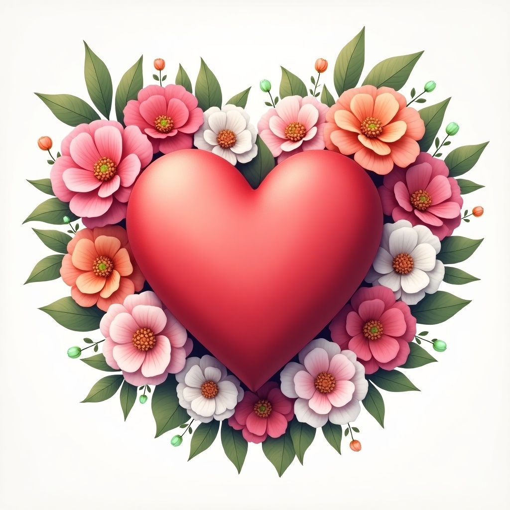 Colorful heart surrounded by flowers. Heart is red. Flowers are various colors. Design emphasizes love and romance.