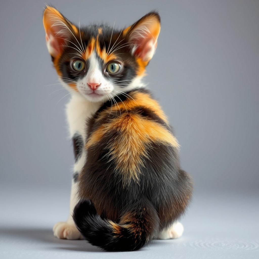 A calico kitten with vibrant colors looks over its shoulder inquisitively.