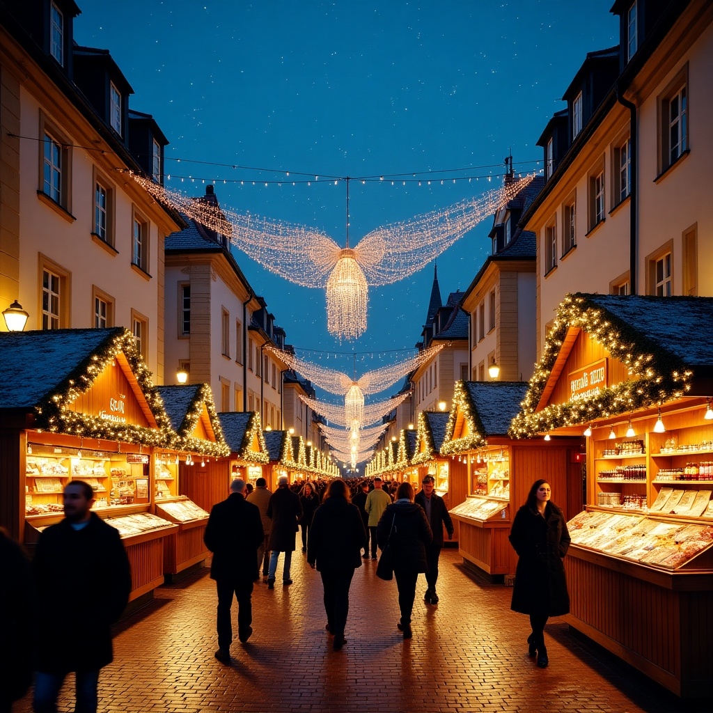 This image captures a beautifully decorated Christmas street in Germany. The scene features quaint market stalls, warmly illuminated by soft lights, inviting visitors to explore. Above, sparkling decorations hang across the street, enhancing the festive mood. People stroll through the market, enjoying the holiday ambiance. The cobblestone path adds vintage charm, complemented by the evening sky dotted with stars. It’s a perfect illustration of a winter wonderland filled with joy and celebration.