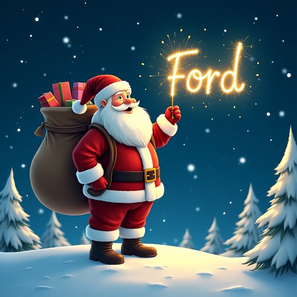 Santa Claus stands on a snowy hill. Santa writes 'Ford' in the sky with a sparkler. Large sack of gifts on his back. Dressed in red and white. Background features a starry night with snow-covered trees.