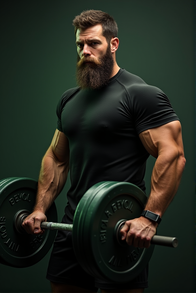 A man with a beard is lifting a heavy barbell while wearing a black shirt, exuding strength and concentration.