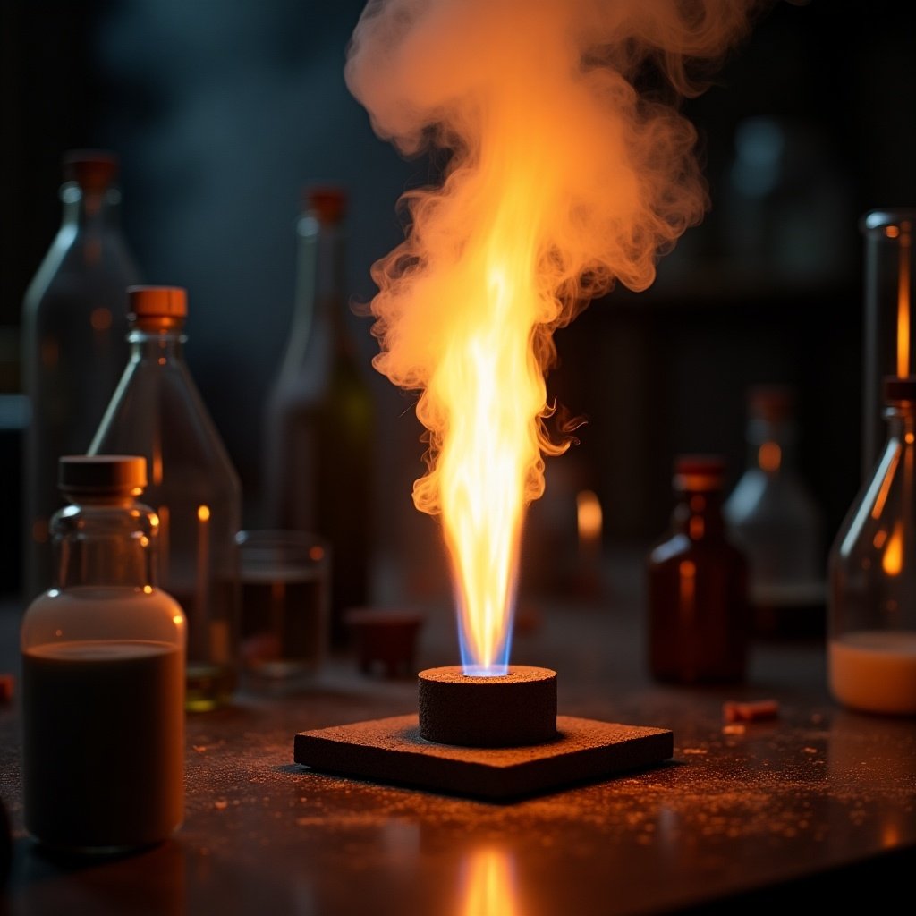 Magnificent display of magnesium combustion in a lab setting. Focus on bright flame and surrounding glassware. Interest in scientific reactions and chemical processes. Suitable for educational purposes.