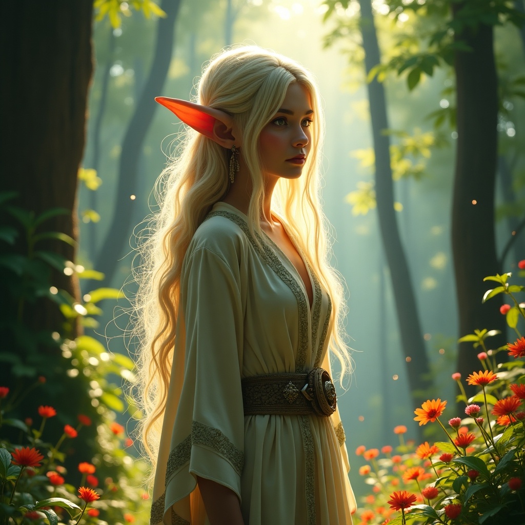 Portrait of an elf in a magical forest. Long flowing hair, elven ears, wearing a flowing robe. Surrounded by flowers and soft light.