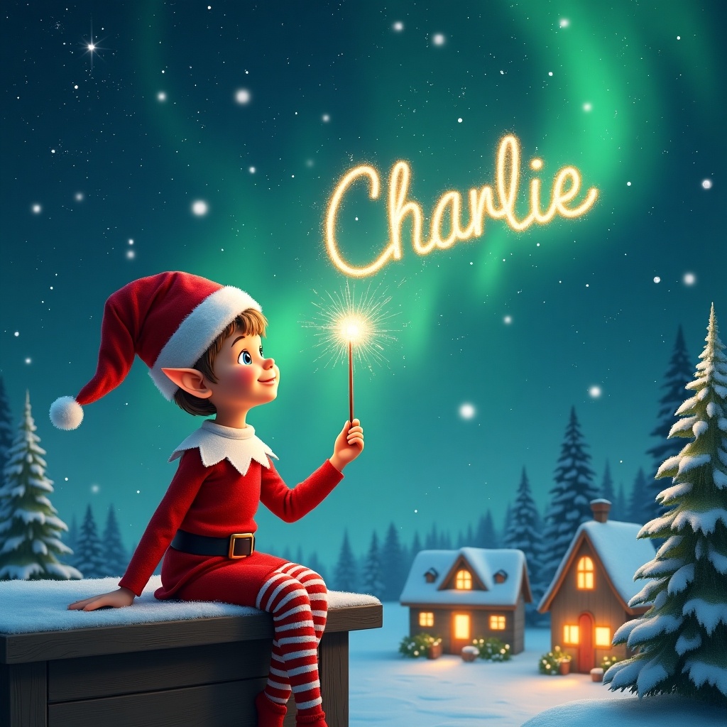 An elf sits on a wooden ledge with a red outfit and hat. The elf gazes up at a magical sky filled with stars and Northern Lights. The elf holds a sparkling wand. The wand writes 'Charlie' in the starry sky. Charming little houses in the background. Evergreen trees blanketed in snow. The scene captures childhood magic and evokes feelings of joy and wonder.