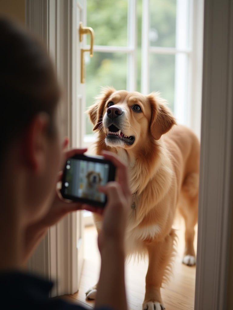 Person inside a house taking a picture of a dog. The dog is standing in front of an open door. Natural light is coming through the door. The person is focused on capturing the moment.