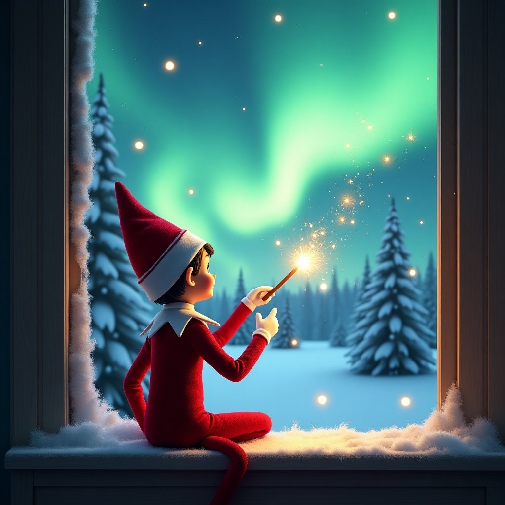 The image features an adorable elf on the shelf sitting on a window ledge, with his back turned to the viewer. He is using a magical wand to create twinkling sparks, writing 'Quinn and Cian see you soon' while looking up at a stunning display of northern lights. The background is set in a winter wonderland, filled with snow-covered pine trees, conjuring a festive holiday feel. Dressed in a vibrant red outfit with white trim, the elf embodies the Christmas spirit. The enchanting colors of the aurora borealis enhance the magical ambiance of the scene.