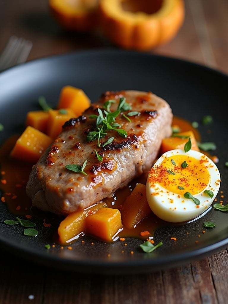 A confit leg duck served with orange sauce complemented by sliced pumpkin and a halved deviled duck egg on a stylish black plate.