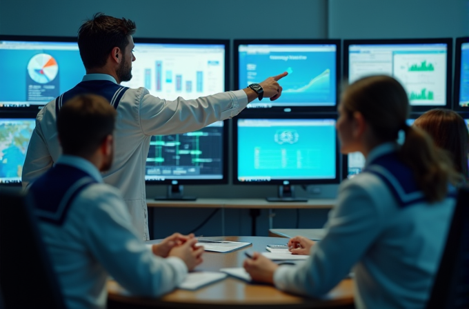 A group of professionals in uniformed attire discuss data displayed on large screens in a control room.