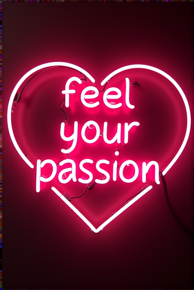 A pink neon sign shaped like a heart with the words 'feel your passion' glowing inside.