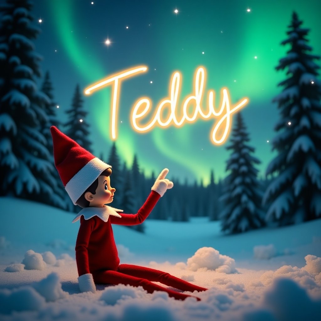 An elf on the shelf sitting on snowy ground. Elf pointing at a sky with the word 'Teddy' in golden light. Background features vibrant northern lights, a magical glow, snowy landscape and pine trees. Captures spirit of Christmas.