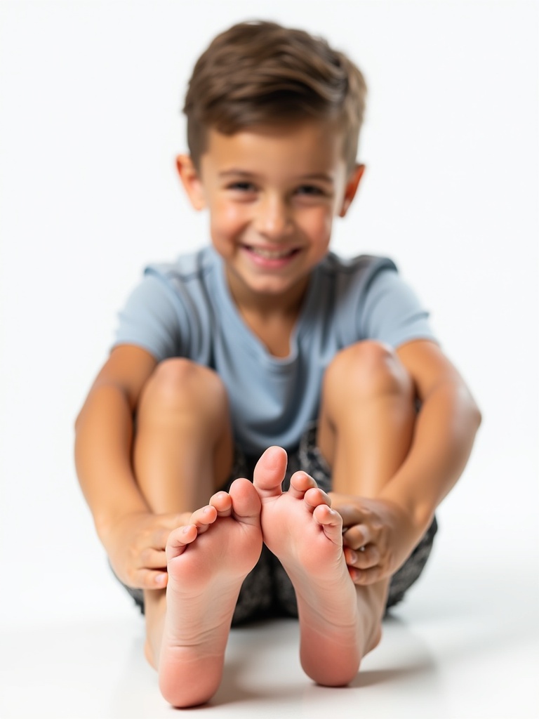 Photograph of an 11 year old boy sitting with legs outstretched. The boy has bare feet that showcase toes. Smooth tanned legs highlight youthfulness. There is a blank background which focuses on feet. Scene conveys a casual playful vibe.