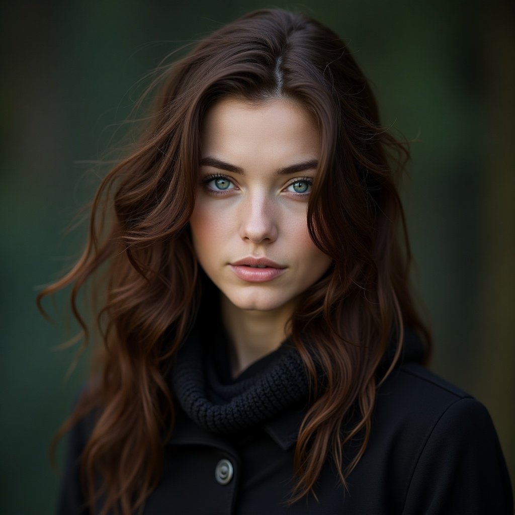 Portrait of a female character with dark warm brown hair and wide light gray green blue eyes. Caucasian features.