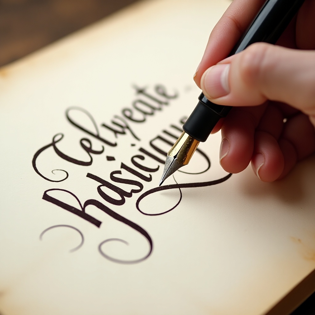 A hand is capturing the elegance of writing calligraphy with a fountain pen. The scene is set on aged paper showcasing the beauty of handwritten text. The pen glides smoothly, leaving intricate letters in a dark ink. The warm, soft lighting brings out the details of both the pen and the paper. This artistic moment emphasizes creativity and the art of writing by hand.