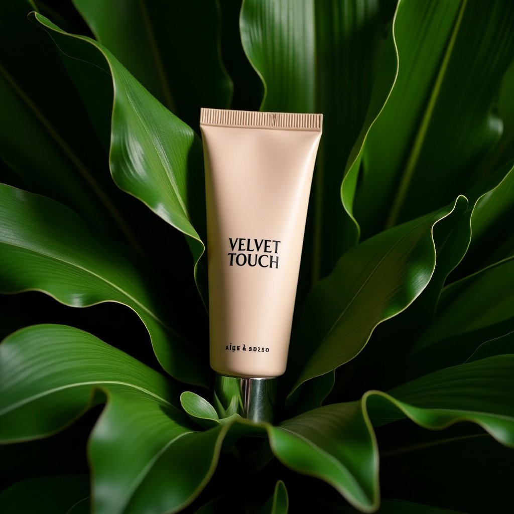 A cosmetic tube labeled 'VELVET TOUCH' is placed among lush green leaves. The image represents luxury and nature harmoniously.