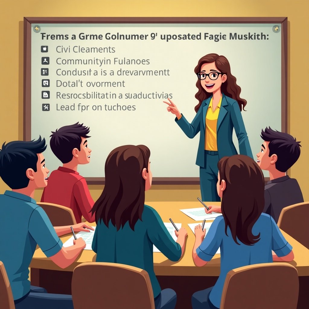 Illustration of a civic education session. A presenter speaks to an audience seated around a table. Educational content displayed on a screen. Participants appear engaged, taking notes. Setting is a modern classroom or meeting room.