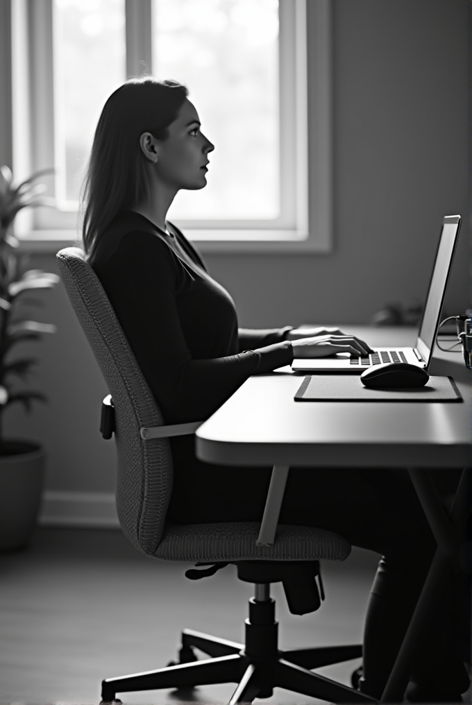 A person sits at a desk working on a laptop beside a window.