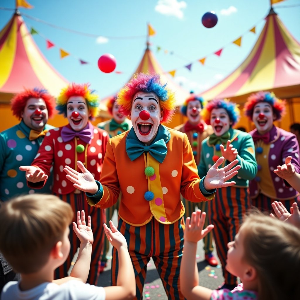 Group of clowns performing at a carnival. Clowns in colorful costumes, bright faces. Children laughing and playing. Festive atmosphere in the background.