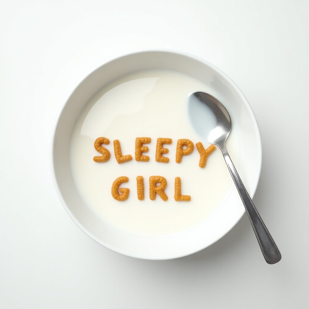 Minimalist overhead photograph of a white ceramic bowl. Bowl filled with milk. Cereal arranged to spell out 'SLEEPY GIRL'. Light brown cereal on white milk. Metallic spoon on the side. Clean, uncluttered background.