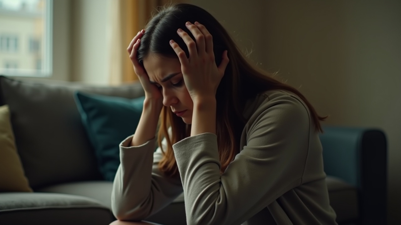 A woman sitting on a sofa with her head in her hands, looking stressed.