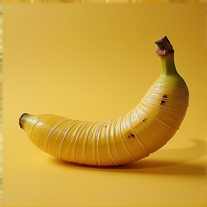 A banana wrapped in plastic sits against a matching yellow background.