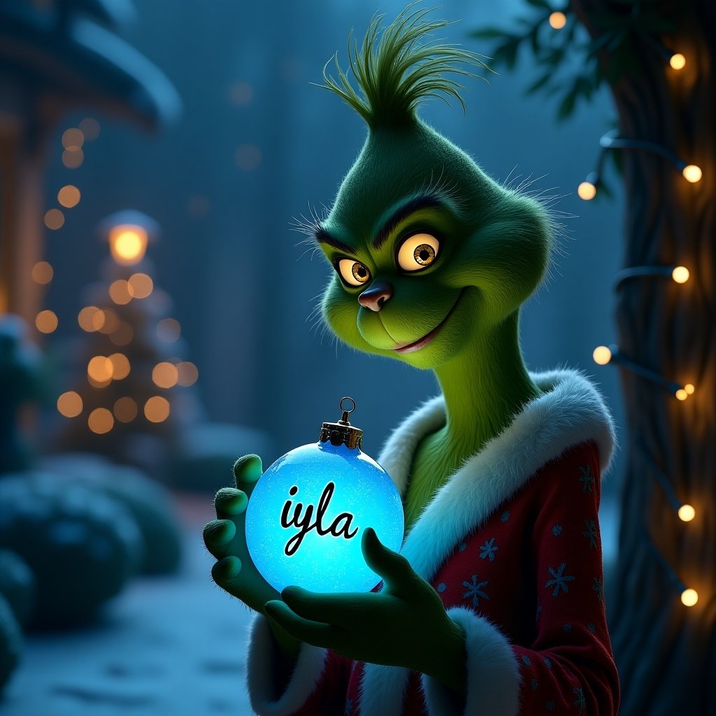 Serene night garden scene. Grinch character holds glowing blue Christmas bauble. Bauble has name iyla in elegant script. Twinkling lights create magical ambiance.