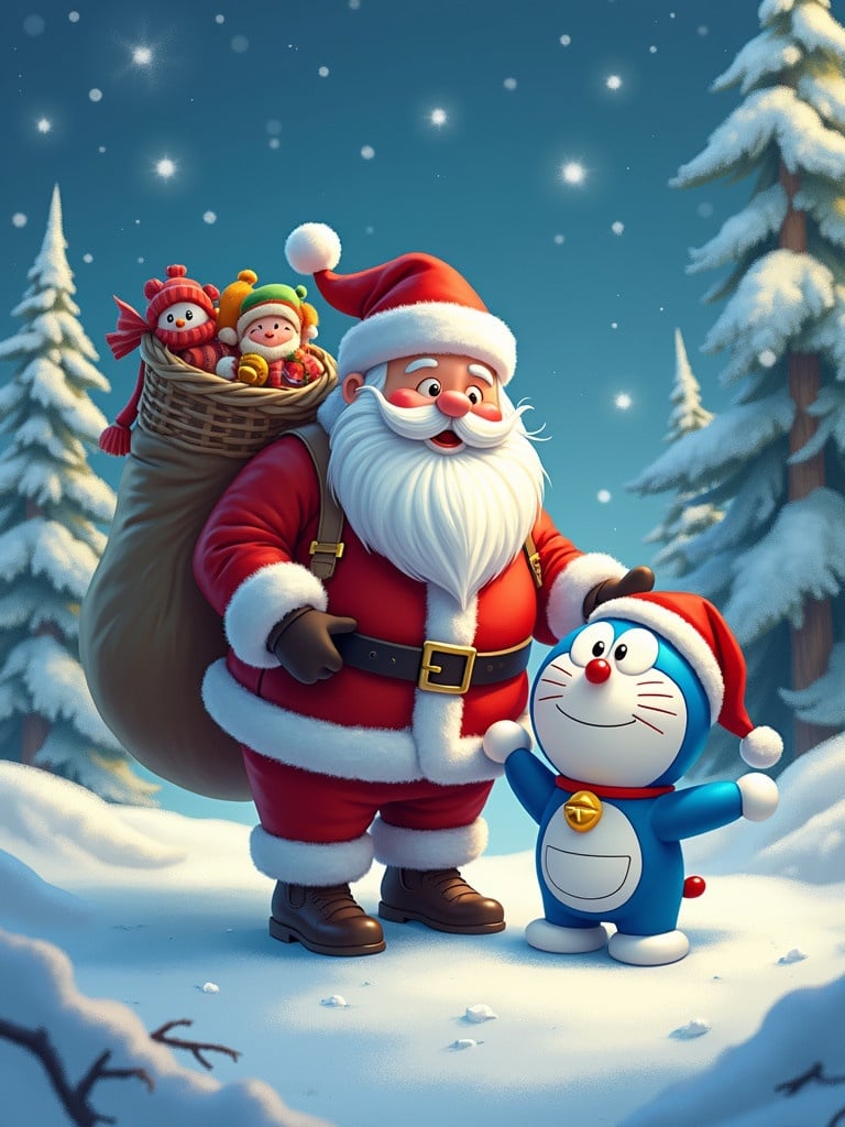 4K image depicting Santa Claus and Doraemon together in a snowy landscape. Santa carrying a bag of gifts with a snowy background. Winter wonderland theme with festive ambiance.