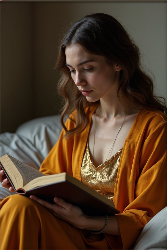 A woman in a golden outfit sits indoors reading a book, bathed in soft light.