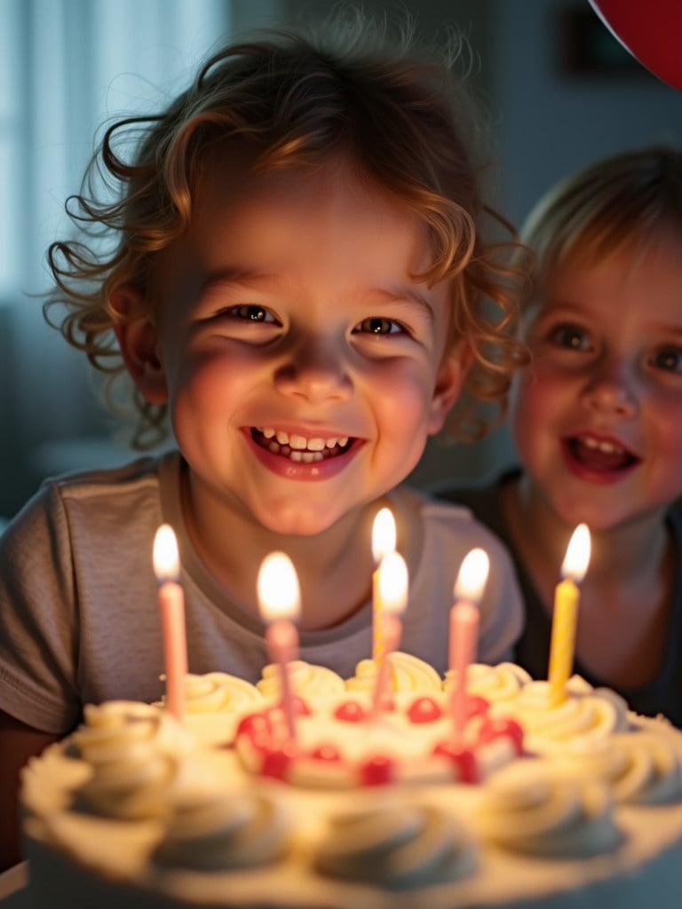 Young child smiles at birthday cake with lit candles. Smaller child stands beside, holding balloon. Warm indoor atmosphere enhances joyful scene.