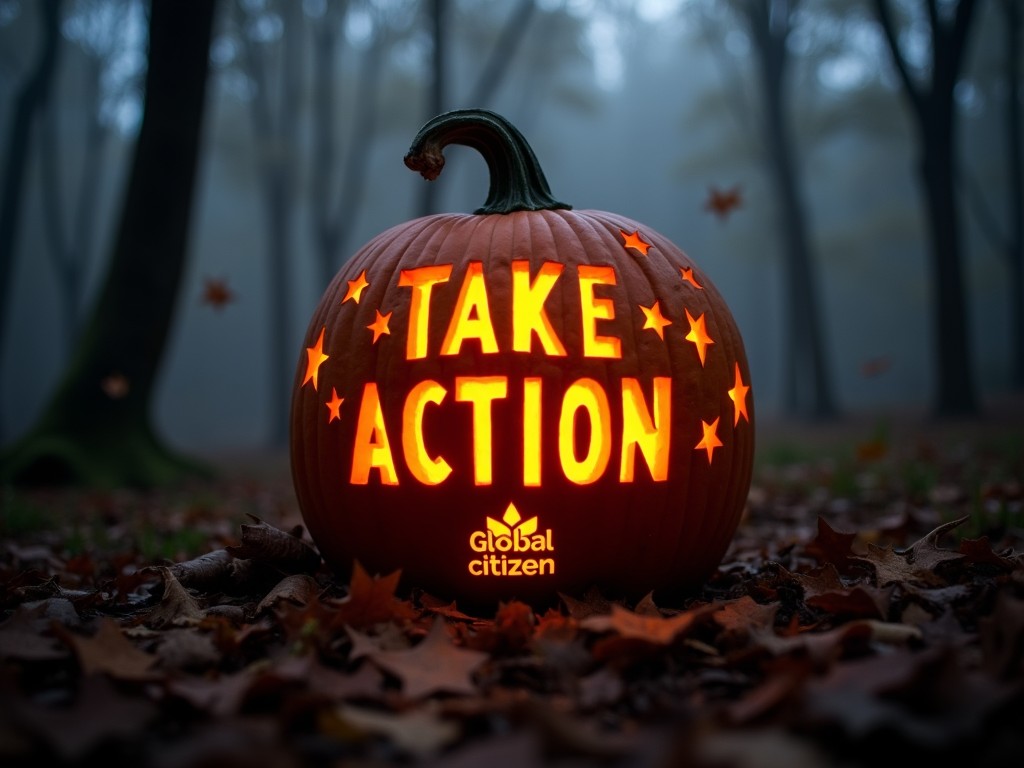 This image features a carved pumpkin in a dark, misty forest. The pumpkin has the phrase 'TAKE ACTION' carved into it, illuminated by a warm glow. Stars surround the text, adding a festive touch. Beneath the phrase is the Global Citizen logo. The background is filled with soft mist and blurred trees, creating a mysterious yet inviting atmosphere. Fallen leaves cover the ground, enhancing the autumn vibe. This scene combines holiday spirit with a powerful message about activism.