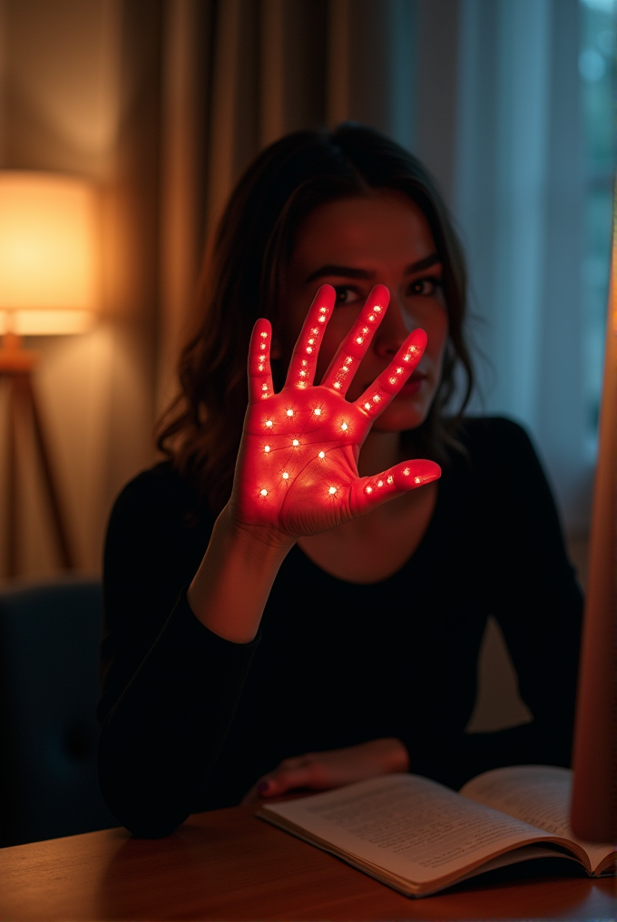 A person holds up a glowing red hand with dots, sitting near a book and lamp.